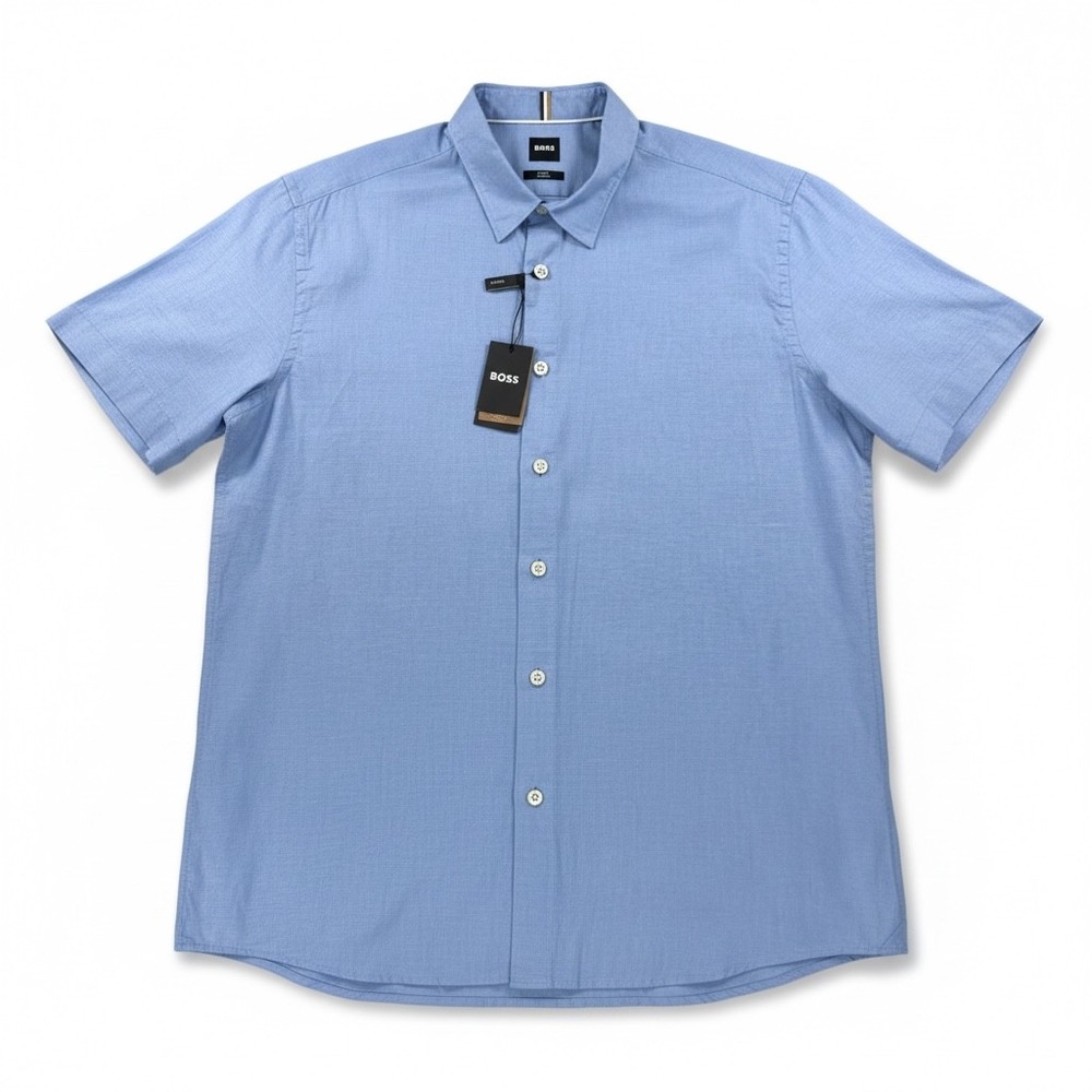 BOSS Hugo Boss Slim Fit Stretch Linen Shirt Mens XXL Blue Short Sleeve